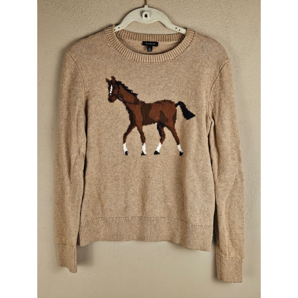 Talbots Womens Brown Wool Blend Horse Crewneck Pullover Sweater XS Equestrian